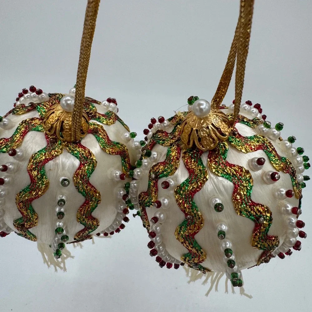 Vintage Handmade Satin Push Pin Christmas Ornaments Cream Gold Tassel Pair 2pc